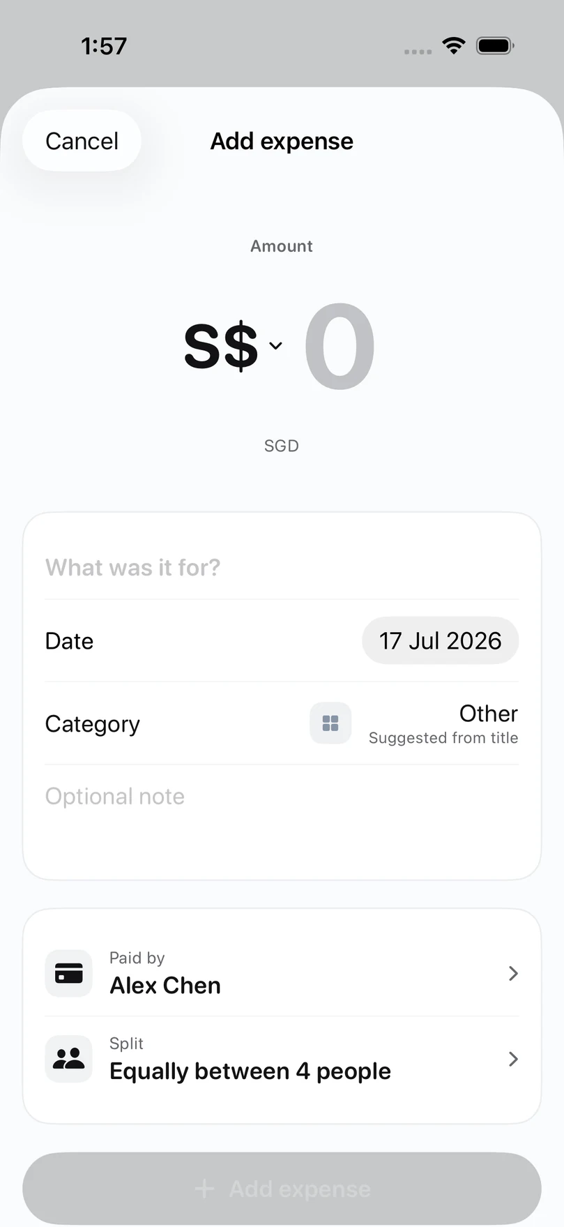 Splitsies Add expense form