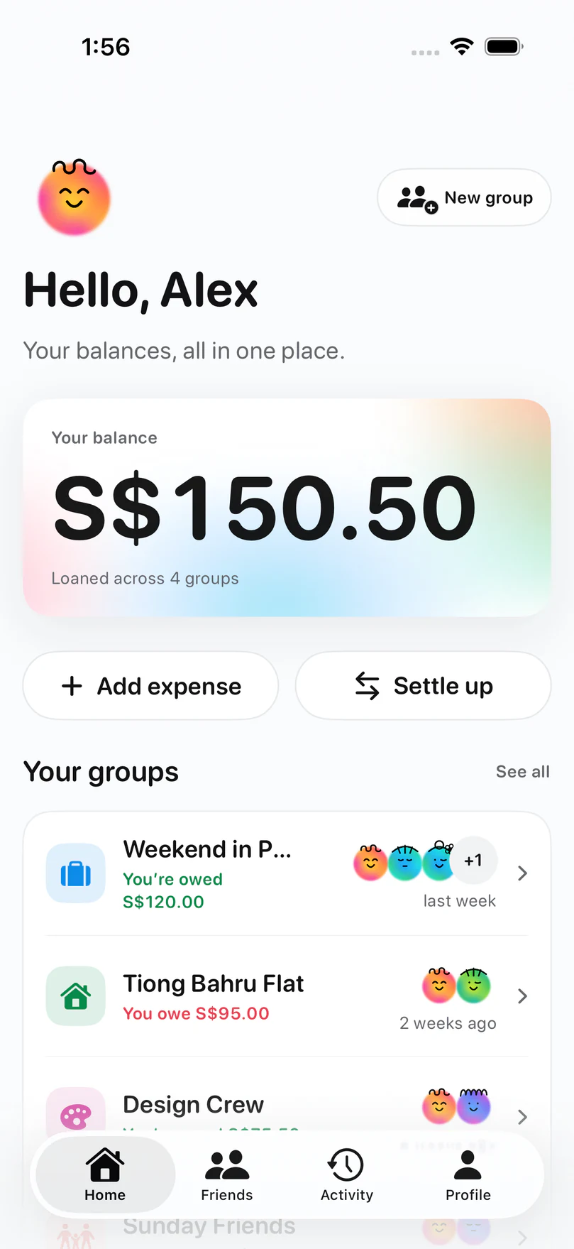 Splitsies home screen showing Alex’s total balance and four expense groups